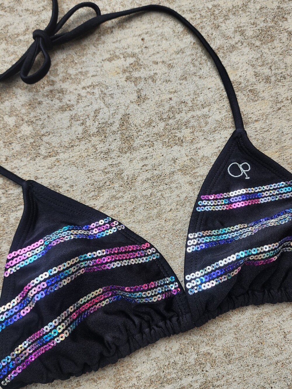 Y2K OP Black Sequin Stripe Triangle Bikini Top, Surfurcore Alt Grunge, Sz M 7-9
